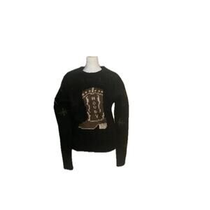 Very J Womens Cowboy Boot Graphic Knit Sweater L Black Western Coastal Cowgirl